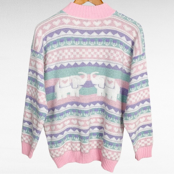 VINTAGE | 1980’s Private Eyes Fairy Kei Kawaii Pastel Elephant Pullover Sweater - Picture 7 of 8